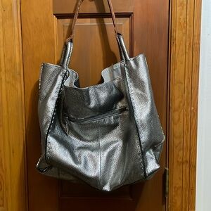 The Sak Silver Tote Bag with Metallic Finish and Slouchy Design